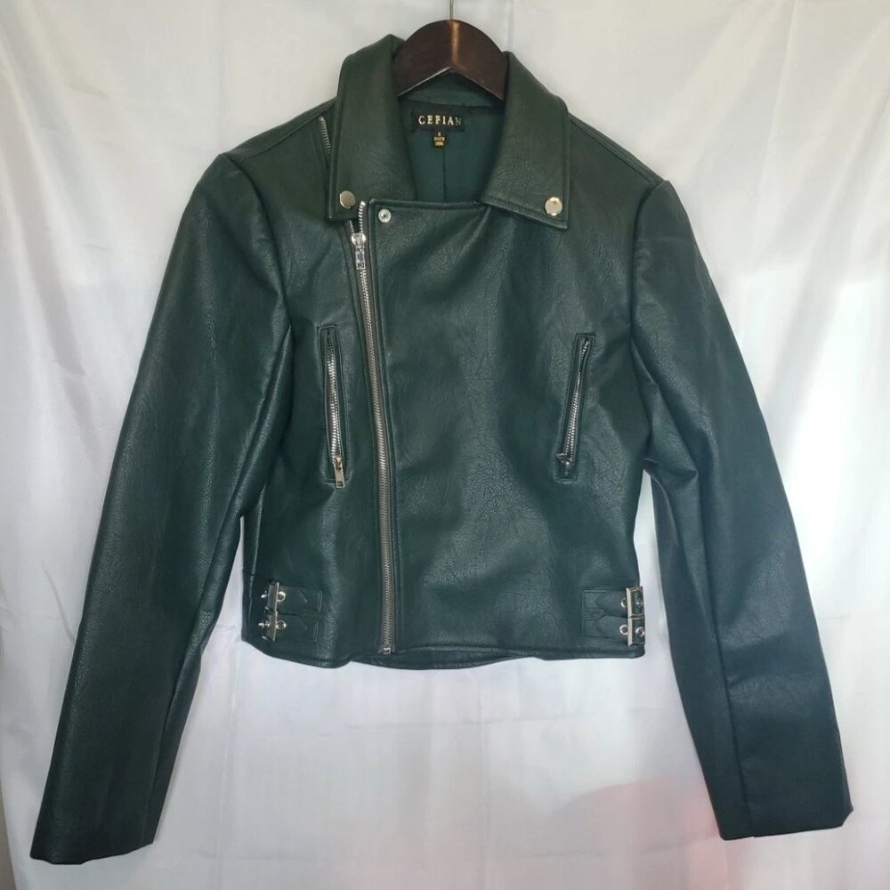 Cefian Dark Green Faux Leather Moto Biker Jacket - Size S